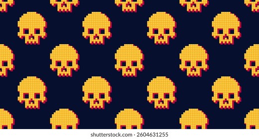 Pixelated skull seamless pattern with retro 8 bit video game style. Nostalgic gaming aesthetic, ideal for digital backgrounds, Halloween designs, wallpapers, cyberpunk graphics. Vector illustration.