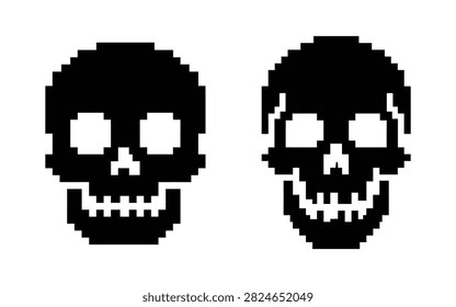 Pixelated skull silhouettes on a white background two variations of the human cranium
