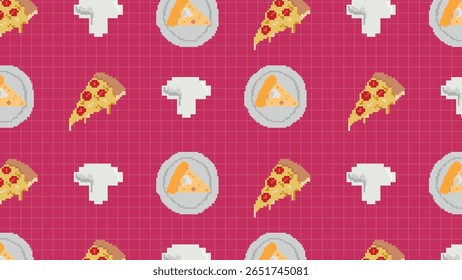 Pixelated slices of pepperoni pizza with flames and red sauce bottles on a bright blue background. Represents spicy fast food in a dynamic and playful layout.