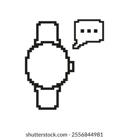 Pixelated Smartwatch Icon with Speech Bubble. Wearable Technology and Communication Symbol in Pixel Art Style. Isolated Vector Illustration.