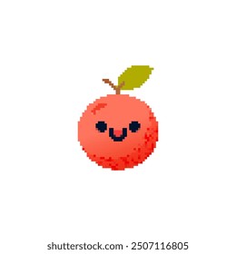 Pixelated smiling fruit icon. Cute pixel art of a red fruit with a happy face and green leaf
