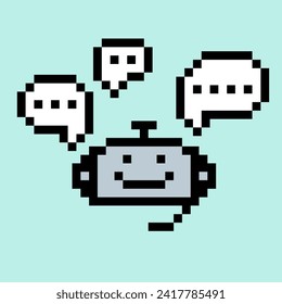 Pixelated smiling service robot head answer the questions. Chatbot illustration. Bot support service. Virtual online customer support. Virtual assistant character. Artificial Intelligence fun image.