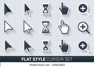 Pixelated and smooth vector cursors with long shadows, white and dark on grid background