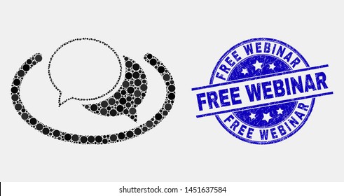 Pixelated social network messages mosaic pictogram and Free Webinar watermark. Blue vector round distress watermark with Free Webinar title. Vector combination in flat style.