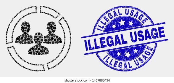 Pixelated social pie chart mosaic pictogram and Illegal Usage seal stamp. Blue vector round scratched seal with Illegal Usage caption. Vector combination in flat style.