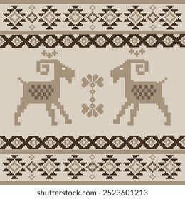 Pixelated Southwestern Textile Design Beige Background with Brown Geometric Borders and Stylized Animal Figures