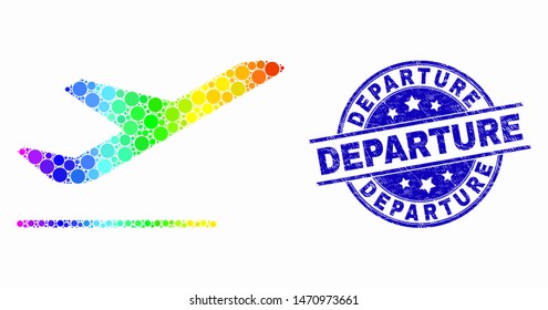 Pixelated spectral airplane departure mosaic pictogram and Departure seal. Blue vector round scratched seal with Departure caption. Vector collage in flat style.