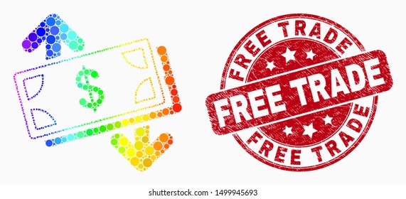 Pixelated spectral banknotes exchange arrows mosaic pictogram and Free Trade stamp. Red vector rounded distress seal with Free Trade text. Vector combination in flat style.