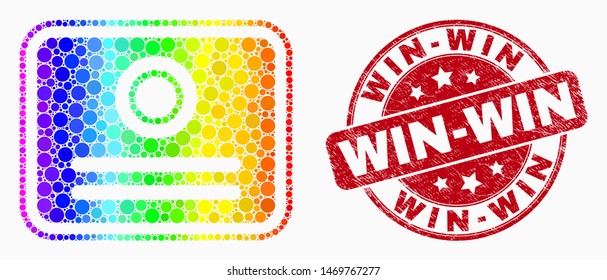 Pixelated spectral certificate mosaic icon and "Win-Win" seal stamp. Red vector round distress watermark with "Win-Win" title. Vector collage in flat style.