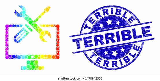 Pixelated spectral desktop options mosaic pictogram and Terrible stamp. Blue vector rounded textured seal stamp with Terrible caption. Vector collage in flat style.