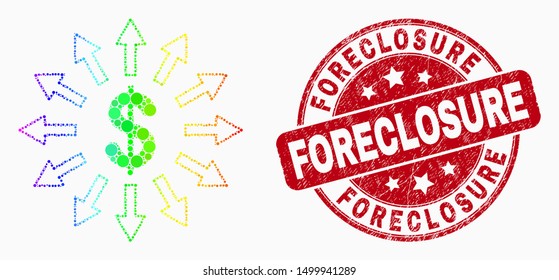Pixelated spectral dollar emission mosaic icon and Foreclosure seal stamp. Red vector rounded grunge watermark with Foreclosure phrase. Vector collage in flat style.