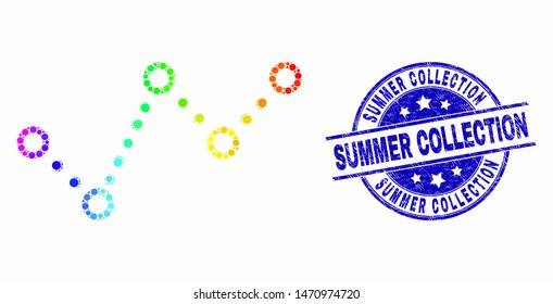 Pixelated spectral dotted trend chart mosaic icon and Summer Collection seal stamp. Blue vector round textured seal stamp with Summer Collection text. Vector combination in flat style.