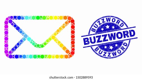 Pixelated spectral envelope mosaic icon and Buzzword stamp. Blue vector round scratched seal stamp with Buzzword caption. Vector composition in flat style.