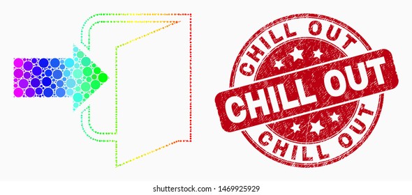 Pixelated spectral exit door mosaic pictogram and Chill Out seal stamp. Red vector round grunge seal stamp with Chill Out caption. Vector combination in flat style.