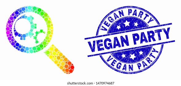 Pixelated spectral explore gears mosaic icon and Vegan Party seal stamp. Blue vector round distress seal stamp with Vegan Party caption. Vector collage in flat style.