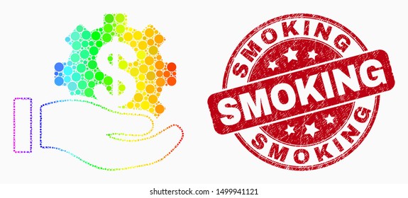 Pixelated spectral financial service offer hand mosaic pictogram and Smoking seal stamp. Red vector round scratched seal stamp with Smoking caption. Vector composition in flat style.