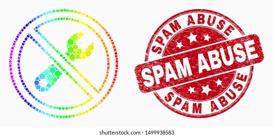 Pixelated spectral forbidden repair mosaic pictogram and Spam Abuse seal stamp. Red vector round scratched seal stamp with Spam Abuse caption. Vector composition in flat style.