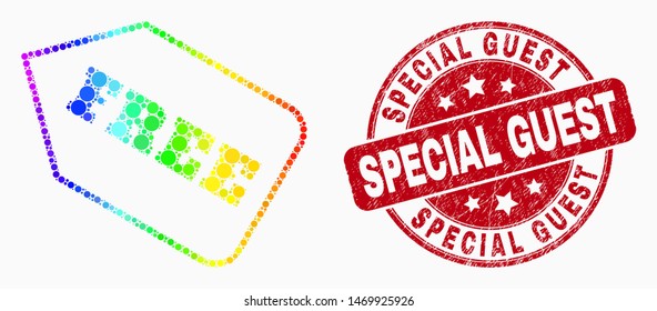 Pixelated spectral free tag mosaic pictogram and Special Guest seal stamp. Red vector round distress seal with Special Guest title. Vector collage in flat style.