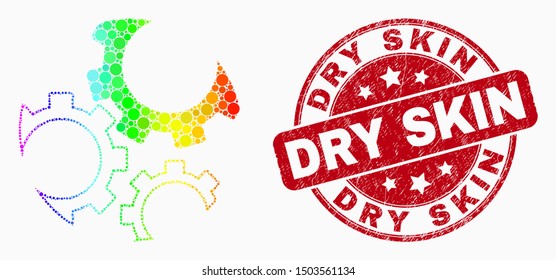 Pixelated spectral gears mosaic icon and Dry Skin seal stamp. Red vector round grunge stamp with Dry Skin title. Vector composition in flat style. Colorful gradient gears mosaic of randomized dots,