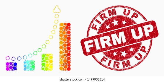 Pixelated spectral growing chart trend mosaic icon and Firm Up seal stamp. Red vector round scratched stamp with Firm Up phrase. Vector composition in flat style.
