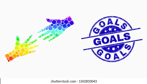 Pixelated spectral help hand mosaic icon and Goals seal. Blue vector round scratched seal with Goals phrase. Vector composition in flat style. Colorful gradiented help hand mosaic of random dots,