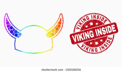 Pixelated spectral horned helmet mosaic icon and Viking Inside seal stamp. Red vector rounded scratched seal stamp with Viking Inside text. Vector collage in flat style.