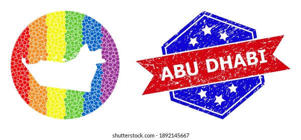 Pixelated spectral map of Abu Dhabi Emirate mosaic created with circle and subtracted space, and scratched seal. LGBT rainbow colored dots around empty map of Abu Dhabi Emirate.