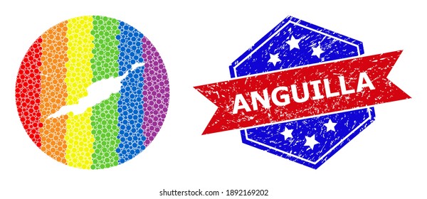 Pixelated spectral map of Anguilla Islands mosaic created with circle and subtracted space, and textured stamp. LGBT spectrum colored pixels around empty map of Anguilla Islands.