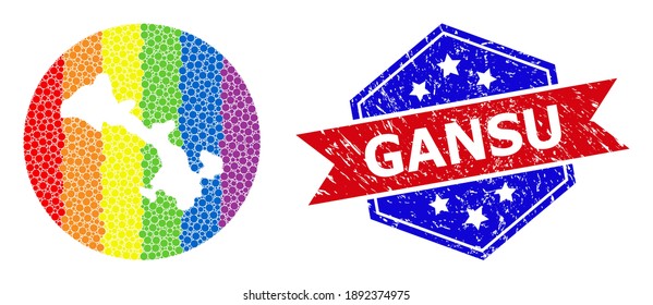 Pixelated spectral map of Gansu Province collage designed with circle and carved shape, and textured seal stamp. LGBTQ spectrum colored pixels around empty map of Gansu Province.