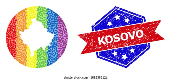 Pixelated spectral map of Kosovo collage created with circle and stencil, and textured seal stamp. LGBTQ rainbow colored pixels around empty map of Kosovo.