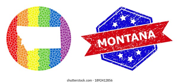 Pixelated spectral map of Montana State collage created with circle and subtracted shape, and grunge seal. LGBTQ rainbow colored pixels around empty map of Montana State.