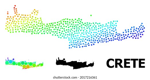 Pixelated spectral, and monochrome map of Crete Island, and black title. Vector structure is created from map of Crete Island with circles. Illustration designed for political purposes. svg