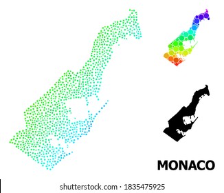 Pixelated spectral, and monochrome map of Monaco, and black title. Vector structure is created from map of Monaco with circles. Illustration is useful for political templates.