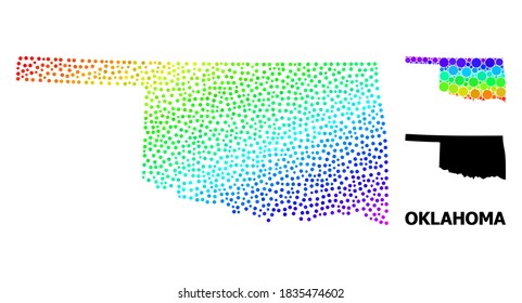 Pixelated spectral, and monochrome map of Oklahoma State, and black name. Vector model is created from map of Oklahoma State with spheres. Illustration is useful for geographic ads.