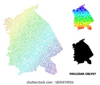 Pixelated spectral, and monochrome map of Pavlodar Region, and black text. Vector structure is created from map of Pavlodar Region with spheres. Illustration is useful for political purposes.