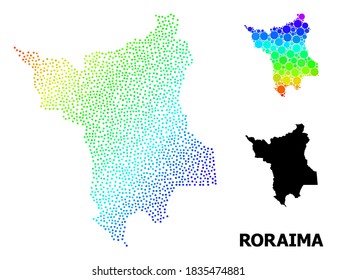 Pixelspektrale und monochrome Karte des Roraima-Zustands und schwarzer Text. Vektormodell wird aus Karte des Roraima-Staates mit runden Punkten erstellt. Illustration ist nützlich für politische Plakate.