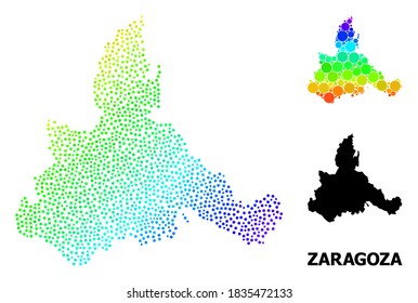 Pixelated spectral, and monochrome map of Zaragoza Province, and black name. Vector model is created from map of Zaragoza Province with spheres. Template is useful for geographic ads.