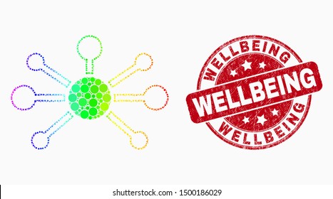 Pixelated spectral node links mosaic icon and Wellbeing seal stamp. Red vector round scratched seal stamp with Wellbeing phrase. Vector collage in flat style.