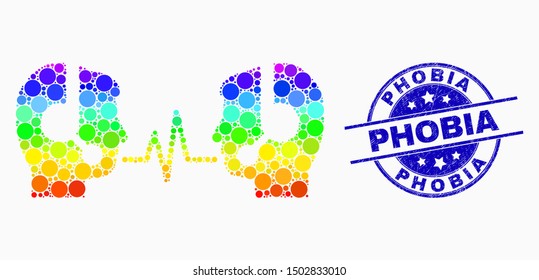 Pixelated spectral operator dialog signal mosaic icon and Phobia seal stamp. Blue vector round distress seal stamp with Phobia title. Vector composition in flat style.