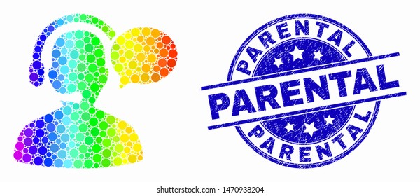 Pixelated spectral operator message mosaic pictogram and Parental seal stamp. Blue vector rounded distress seal stamp with Parental text. Vector combination in flat style.