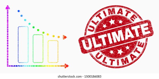 Pixelated spectral recession bar chart mosaic pictogram and Ultimate seal. Red vector round grunge seal with Ultimate title. Vector collage in flat style.