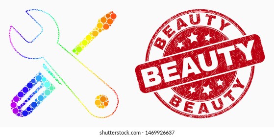 Pixelated spectral repair tools mosaic pictogram and Beauty stamp. Red vector round scratched seal with Beauty title. Vector combination in flat style.