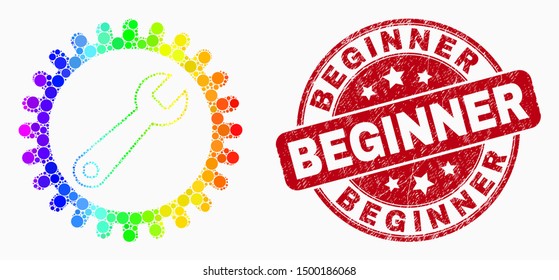 Pixelated spectral repair wrench mosaic pictogram and Beginner seal stamp. Red vector rounded distress seal stamp with Beginner message. Vector collage in flat style.