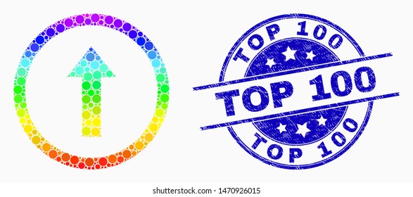 Pixelated spectral rounded arrow up mosaic icon and Top 100 stamp. Blue vector rounded scratched seal stamp with Top 100 caption. Vector combination in flat style.