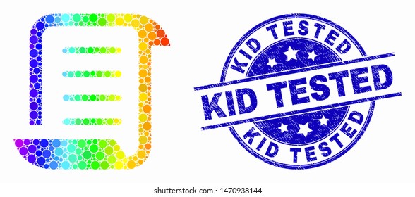 Pixelated spectral scroll list mosaic icon and Kid Tested seal stamp. Blue vector rounded grunge seal with Kid Tested title. Vector composition in flat style.