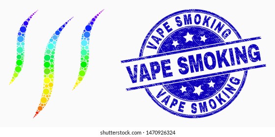 Pixelated spectral smell mosaic pictogram and Vape Smoking seal stamp. Blue vector round grunge seal stamp with Vape Smoking message. Vector collage in flat style.