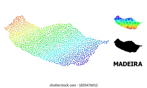 Pixelated spectral, and solid map of Madeira Island, and black tag. Vector model is created from map of Madeira Island with circles. Collage is useful for political ads.