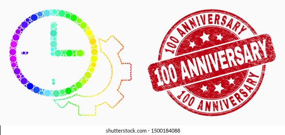 Pixelated spectral time settings gear mosaic icon and 100 Anniversary stamp. Red vector round scratched seal stamp with 100 Anniversary text. Vector composition in flat style.