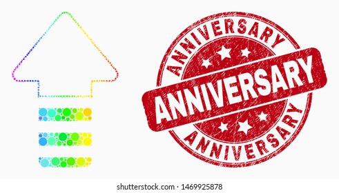 Pixelated spectral update arrow mosaic icon and Anniversary watermark. Red vector rounded textured seal stamp with Anniversary title. Vector composition in flat style.