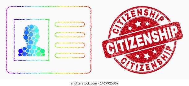 Pixelated spectral user card mosaic pictogram and Citizenship seal stamp. Red vector rounded textured seal with Citizenship message. Vector composition in flat style.